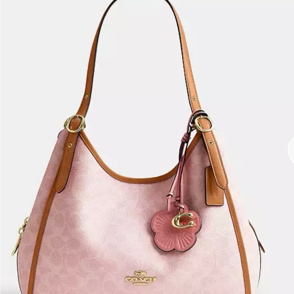 Coach Pink Signature Hobo with Tan Leather Trim and Floral Charm
